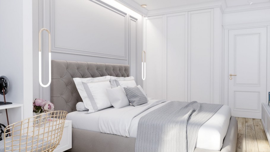 Серые стены в спальне с белой мебелью