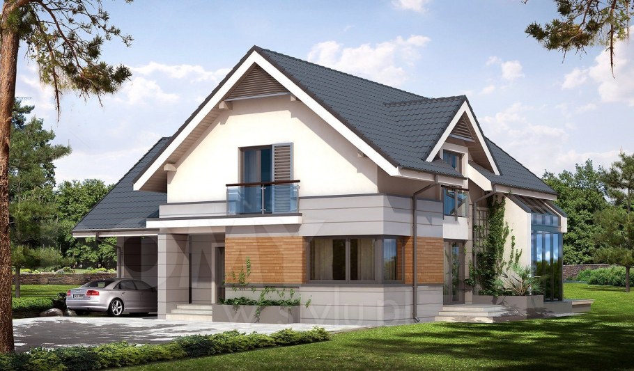 Двухцветный фасад дома с мансардой