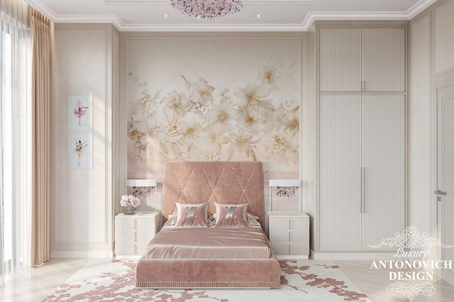 Фреска в интерьере спальни в неоклассике