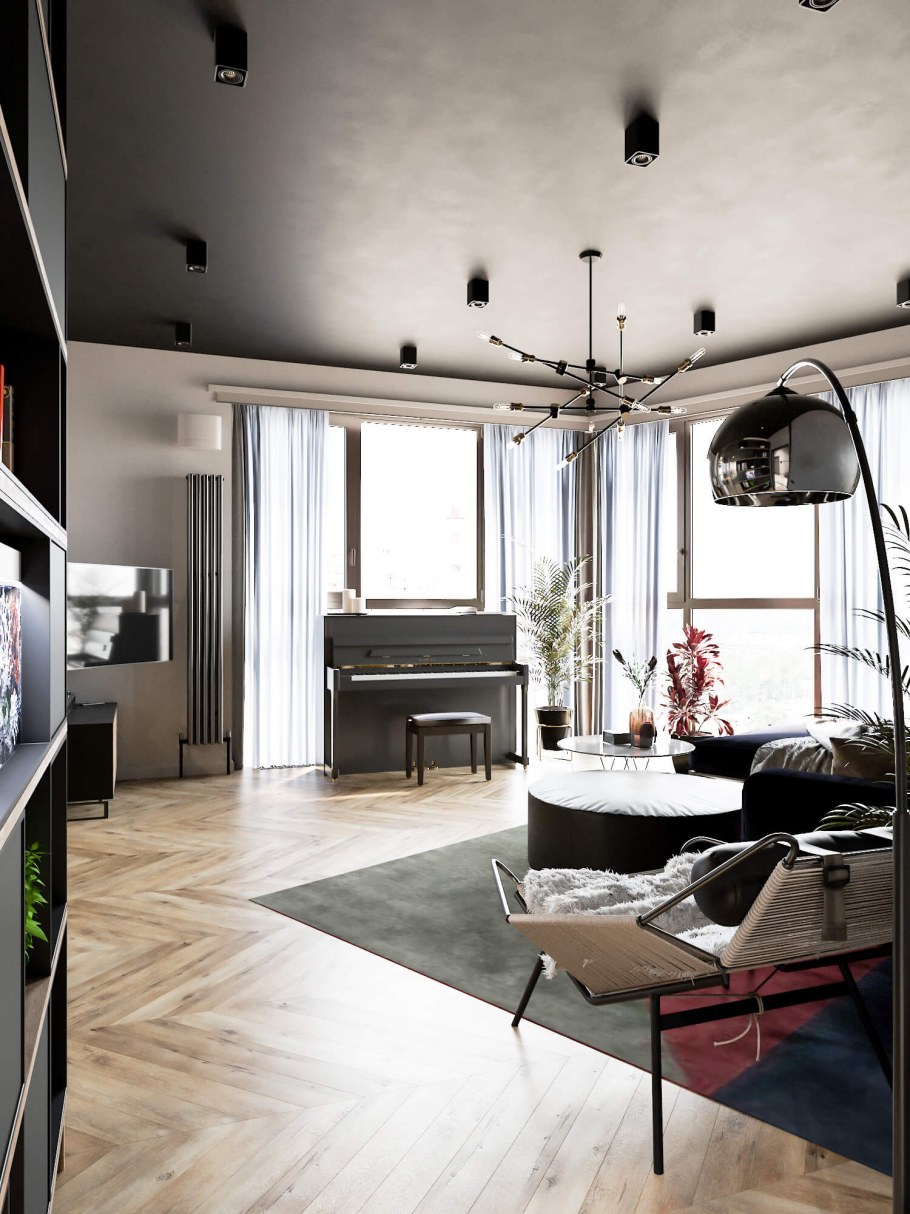 Квартира студия в темно серых тонах