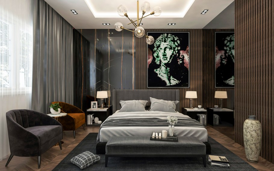 Серый потолок в интерьере