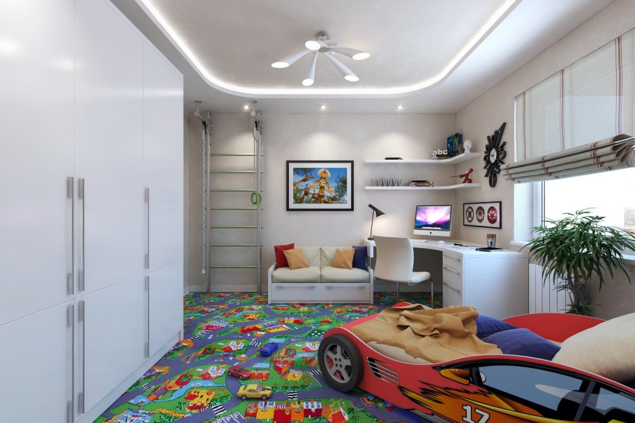 Интерьер детской комнаты с 2 окнами