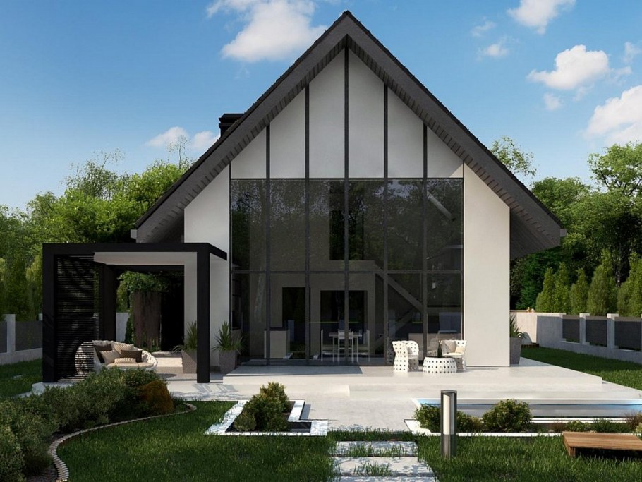 Современный дом с двускатной крышей