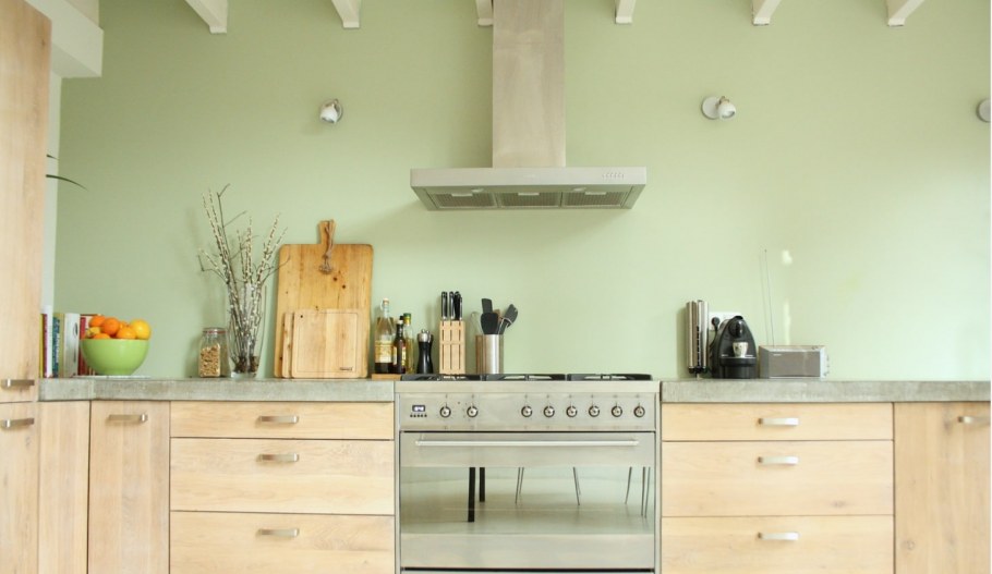 Светло фисташковый цвет стен на кухне