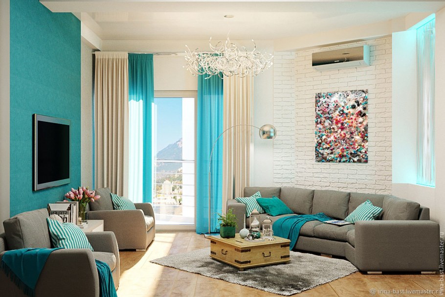 Гостиная-спальня в серо бирюзовых тонах