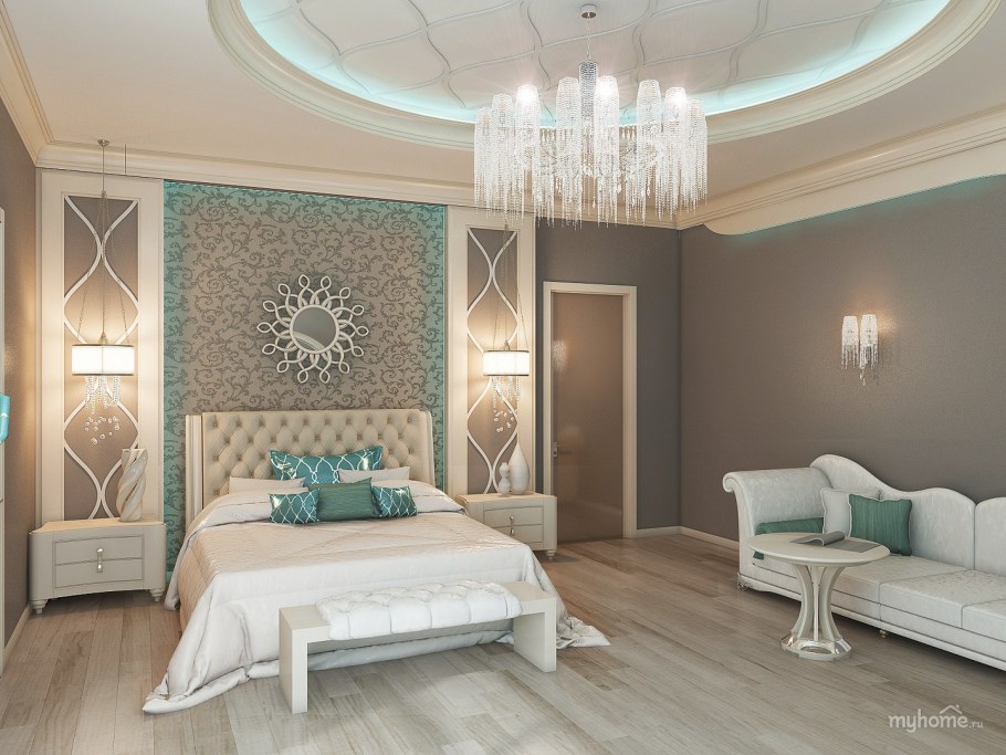 Бирюзовые шторы в интерьере гостиной