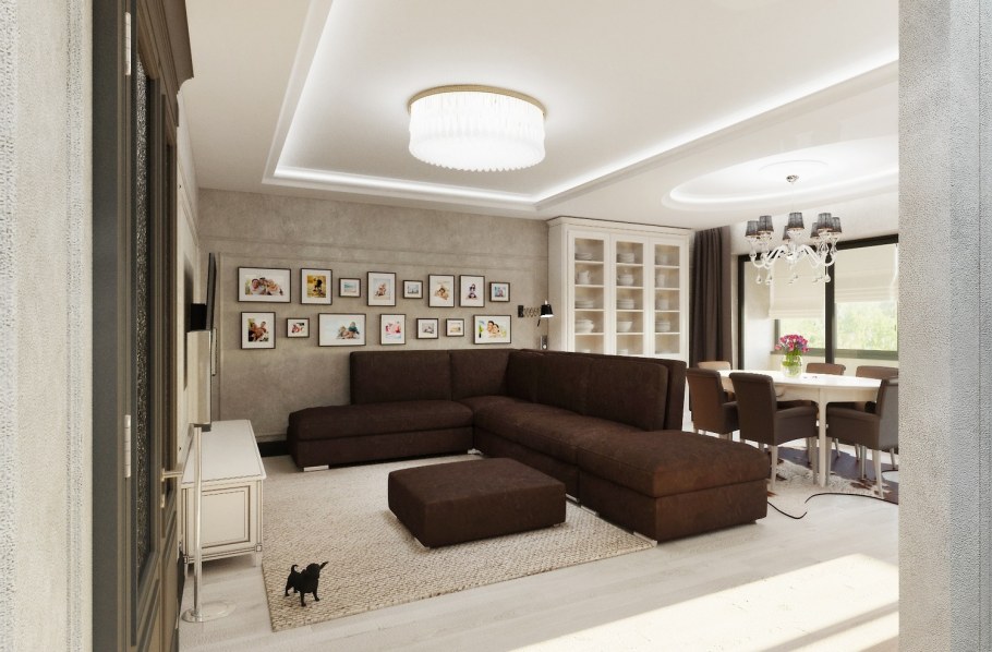 Гостиная совмещенная с кухней с большим диваном