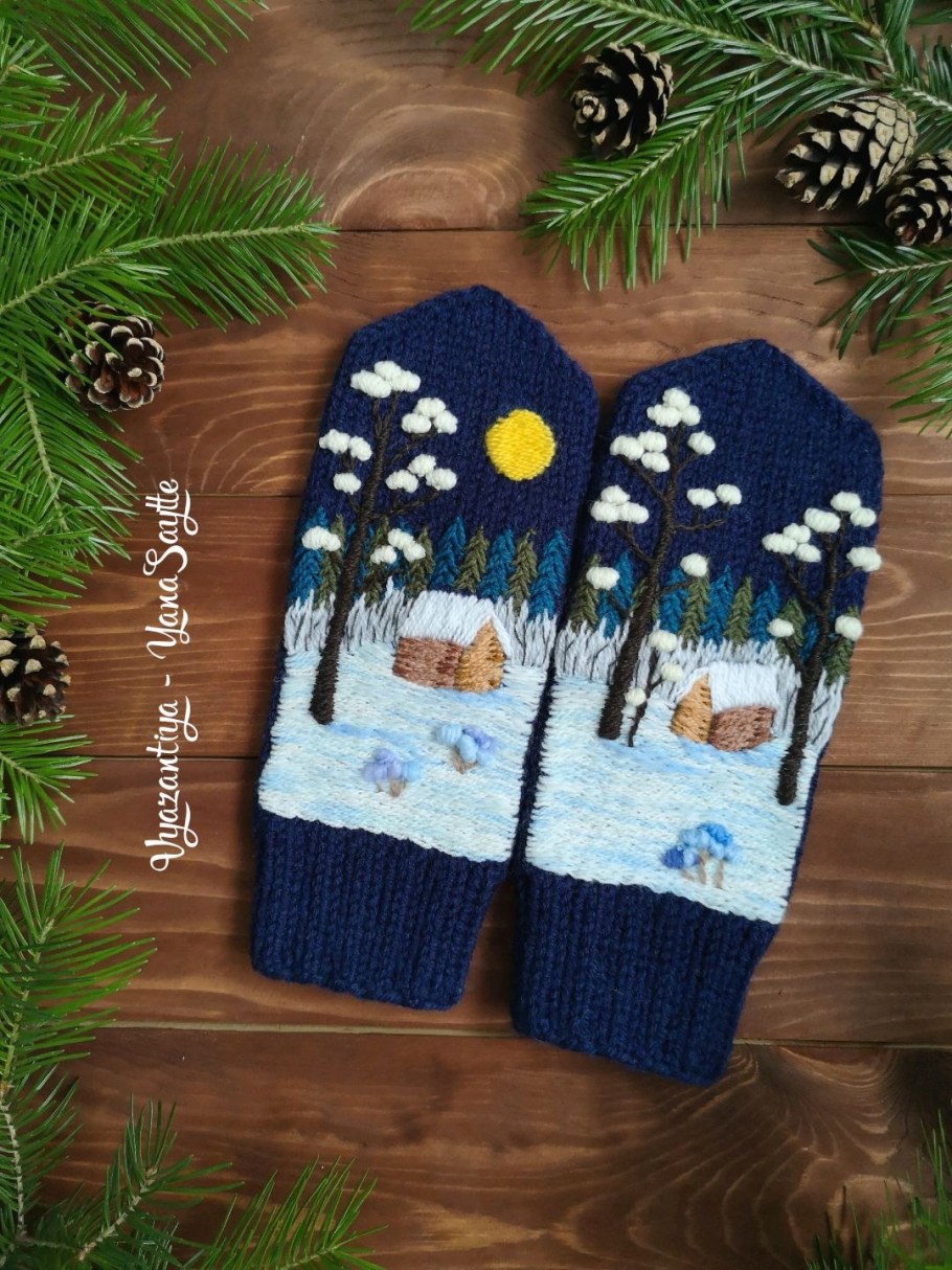 Красивая вышивка на варежках