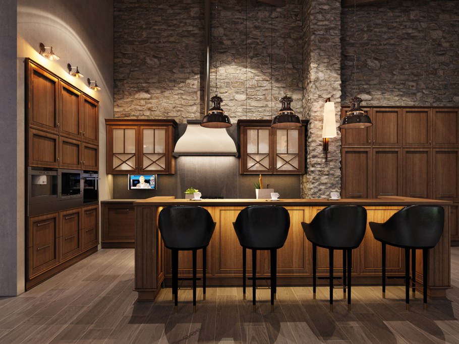 Черный холодильник в интерьере бежевой кухни