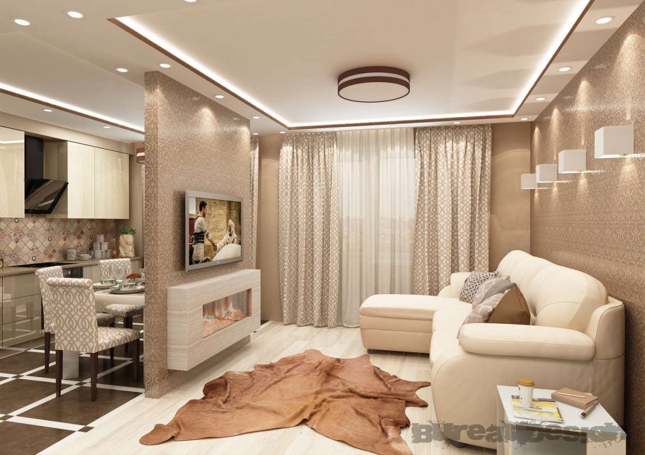 Светлый лофт кухня гостиная