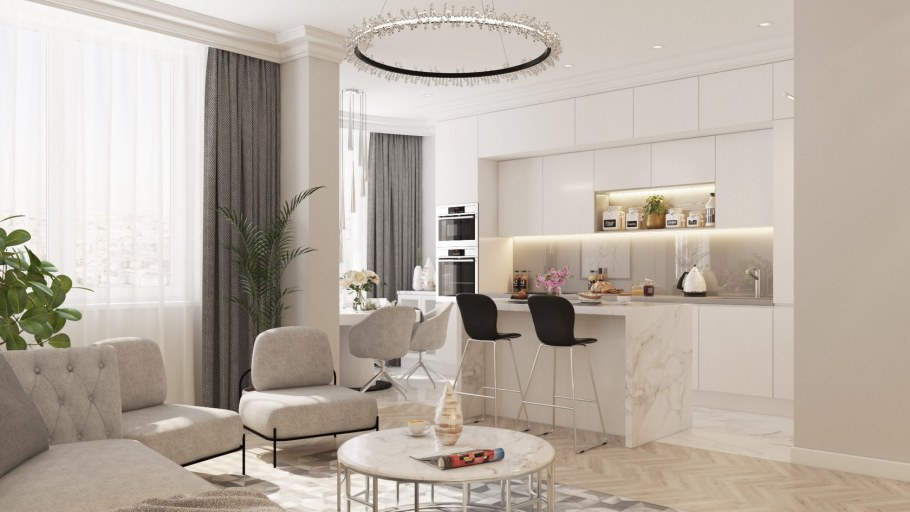 Кухня гостиная в бежевых тонах