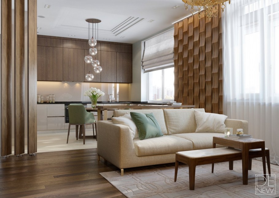 Коричневая кухня гостиная