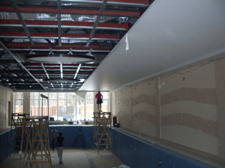 Материал потолка в бассейне рус панели