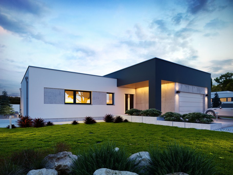 Одноэтажный дом с плоской крышей и гаражом