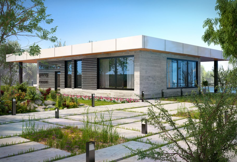 Одноэтажный дом в стиле Минимализм с двухскатной крышей