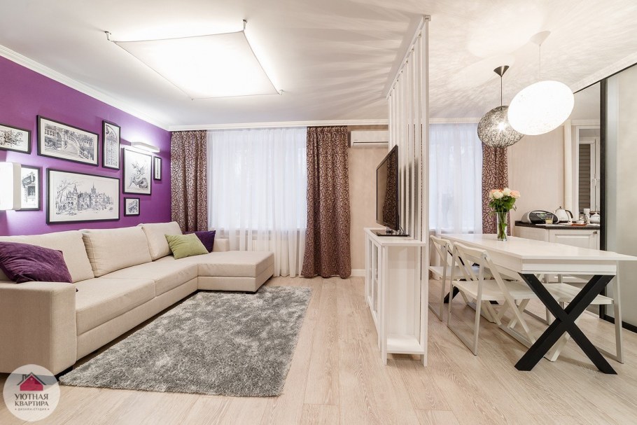 Интерьер прямоугольной гостиной студии