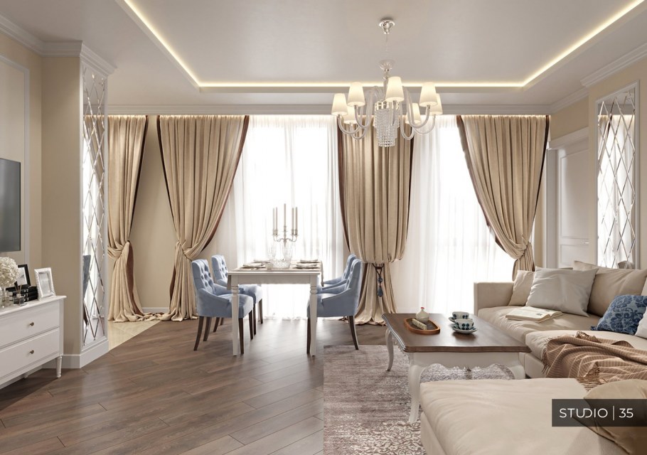 Зал с двумя окнами интерьер