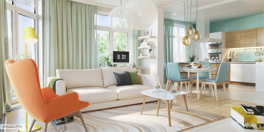 Гостиная в пастельных тонах с яркими акцентами