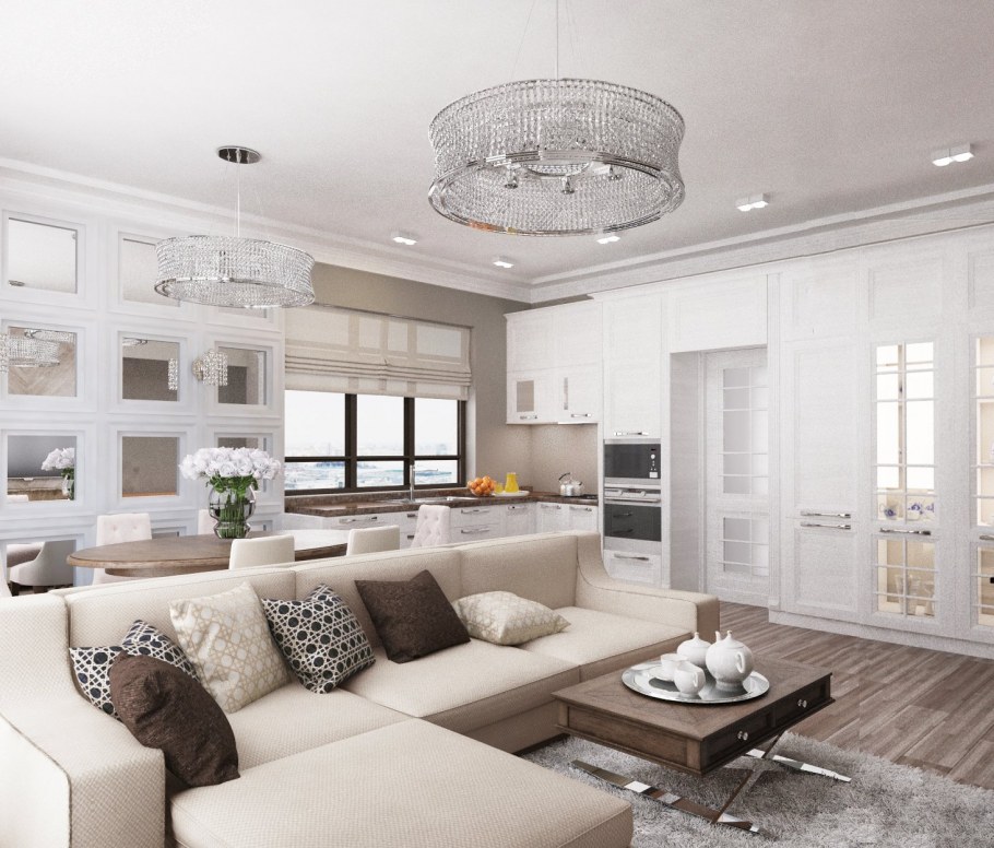 Классическая белая кухня гостиная