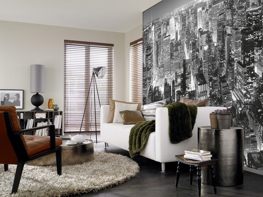 Черно белые фотообои в интерьере гостиной