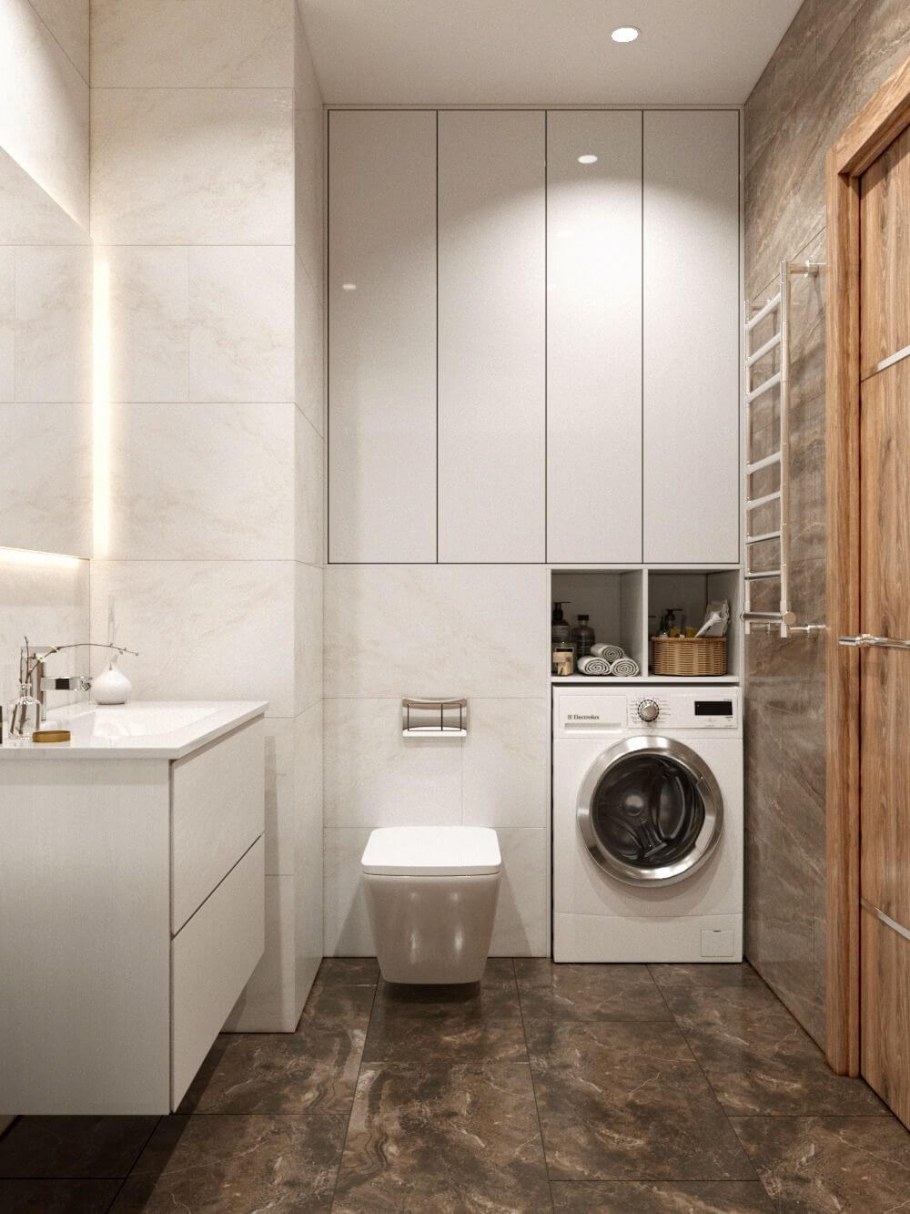 Ванная в хрущевке со стиральной машиной и раковиной и туалетом