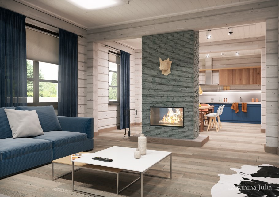 Интерьер кухни гостиной в доме из бруса