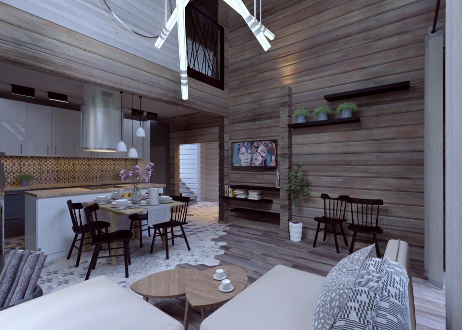 Интерьер кухни гостиной в доме из клееного бруса