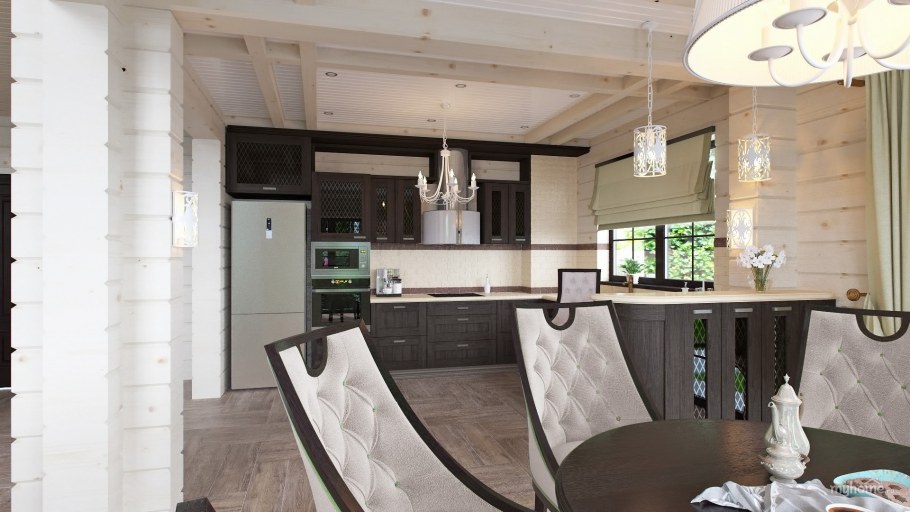 Кухня-гостиная в деревянном доме