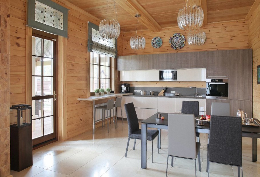 Кухня гостиная обшитая имитацией бруса