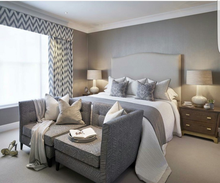 Сочетание серого и коричневого в интерьере спальни