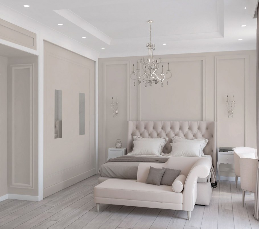 Спальня в неоклассическом стиле в светлых тонах