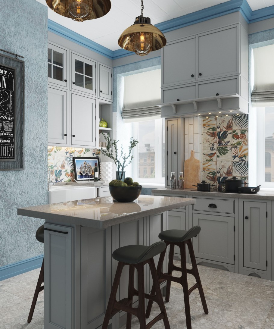 Кухня в средиземноморском стиле с барной стойкой