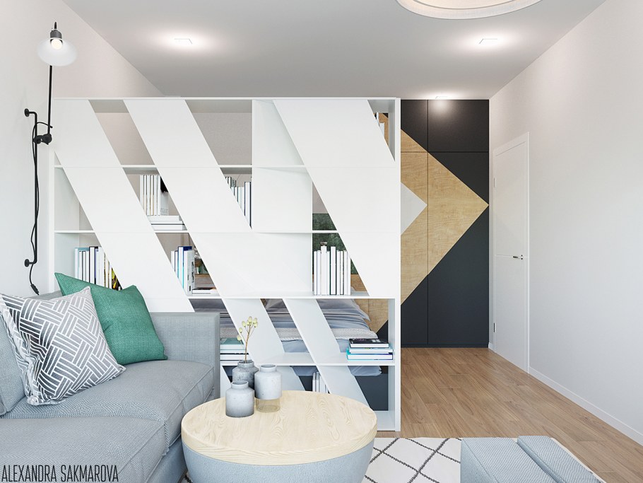 Отделение спальной зоны от гостиной шторами