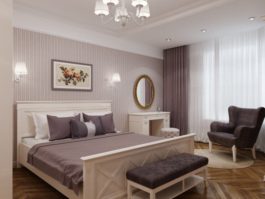 Спальня в неоклассическом стиле в теплых тонах