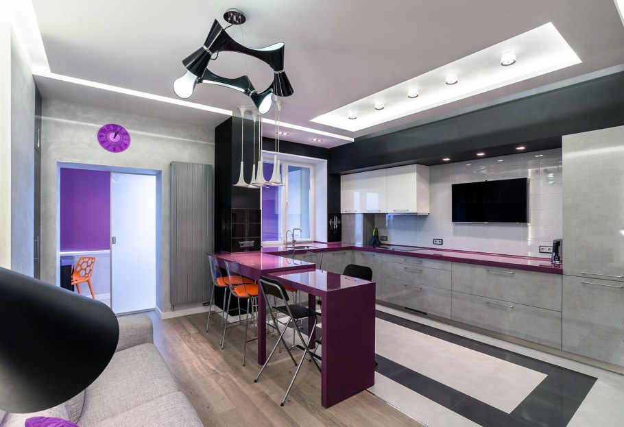 Кухня студия с барной стойкой в современном стиле