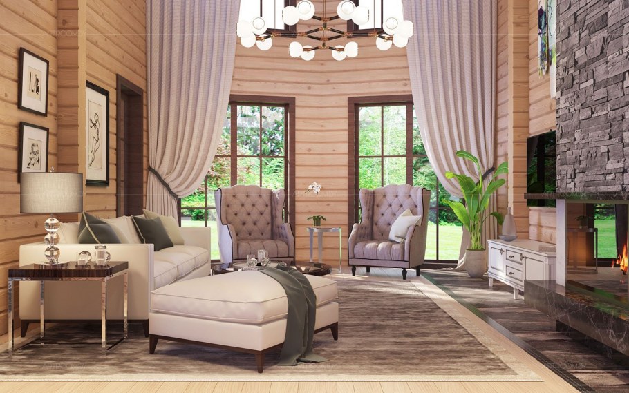 Интерьер гостиной в доме из клееного бруса