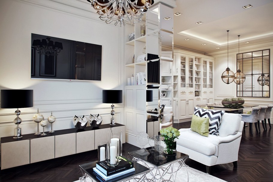 Люстра в студии с кухней