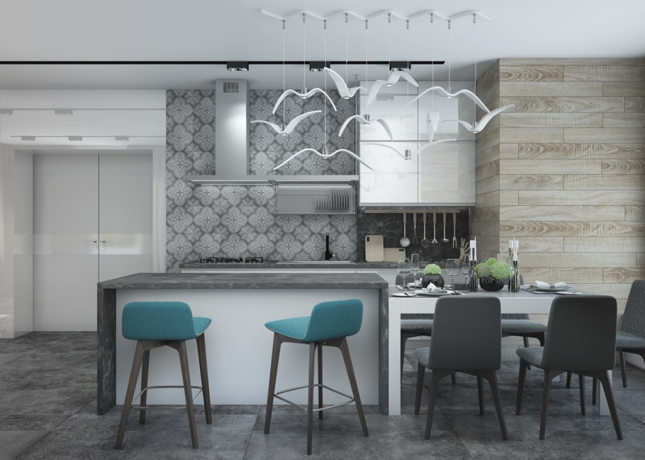 Гостиная с черной кухней