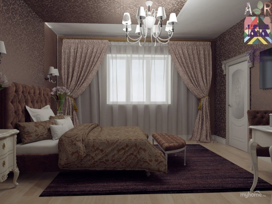 Спальня с бежевой кроватью