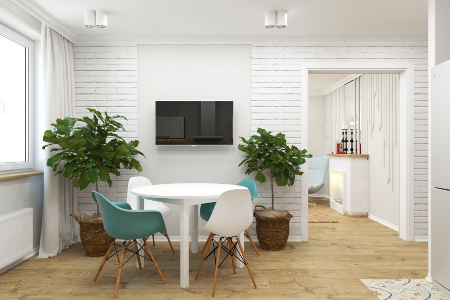 Гостиная с обеденной зоной 3 на 8 в скандинавском стиле