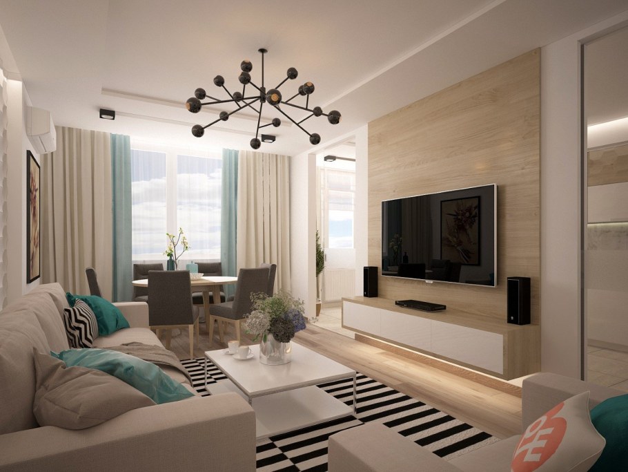 Гостиная с телевизором диваном и столовой