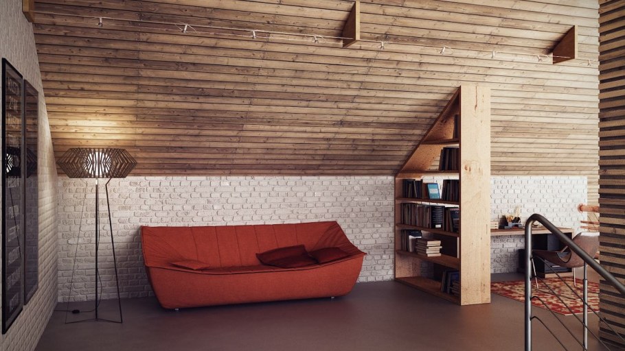 Стена из планкена в интерьере лофт