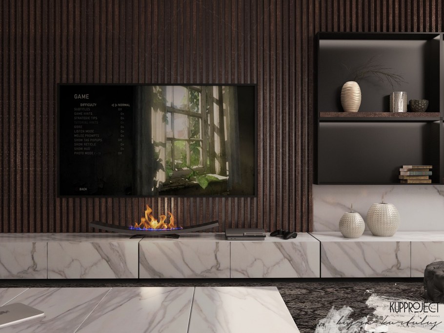 Гостиная с биокамином и рейками