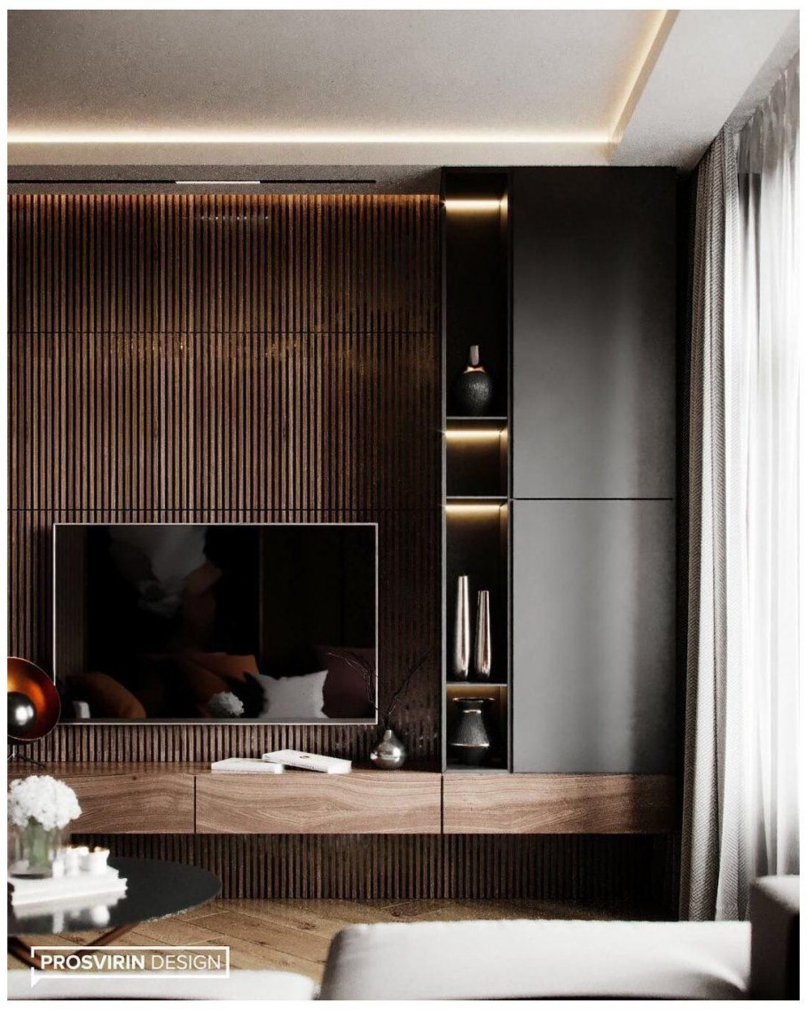 Гостиные в современном стиле с рейками