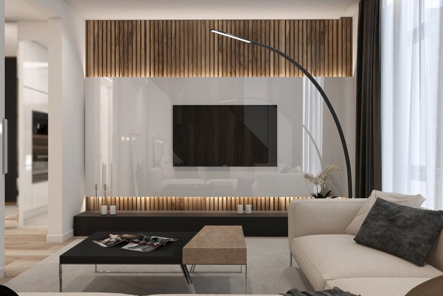 Телевизор на рейках в гостиной