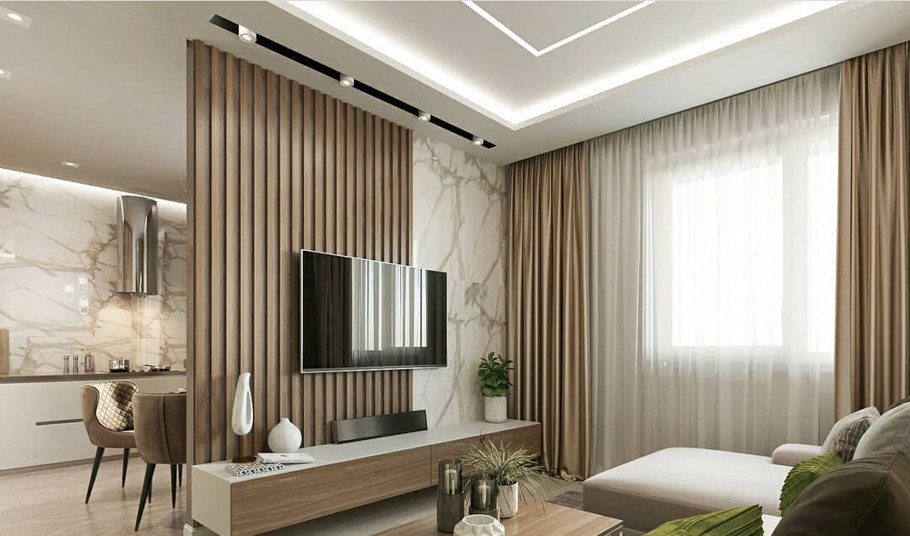 Рейки в интерьере гостиной телевизор