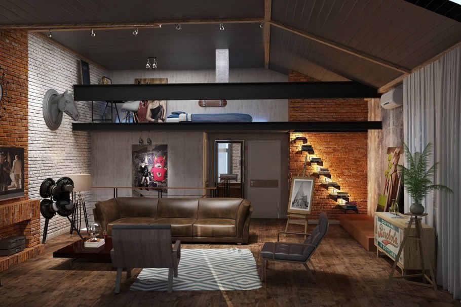 Интерьер спальни в стиле лофт