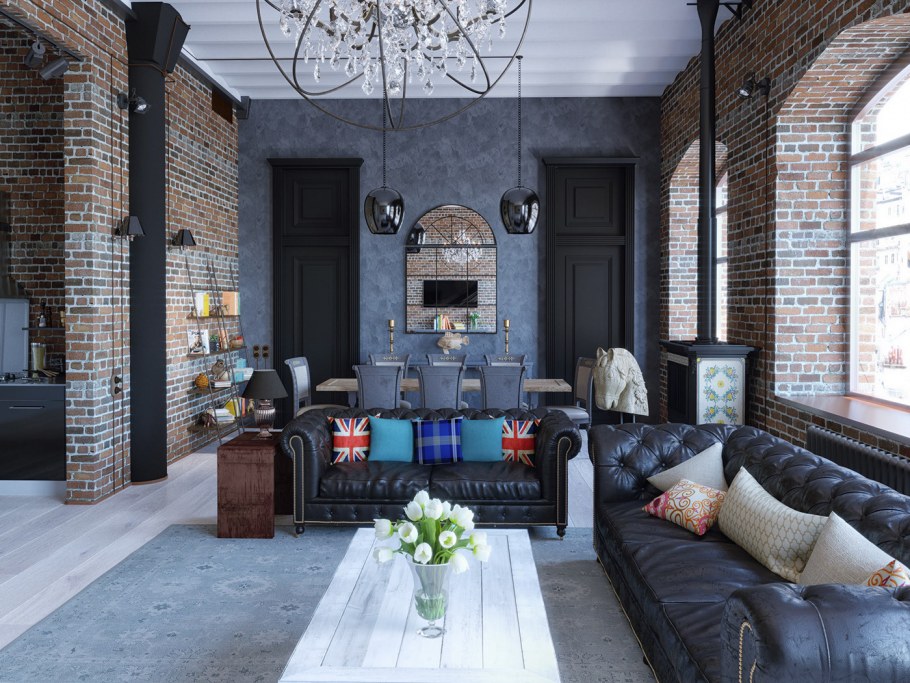 Стена с телевизором в стиле лофт