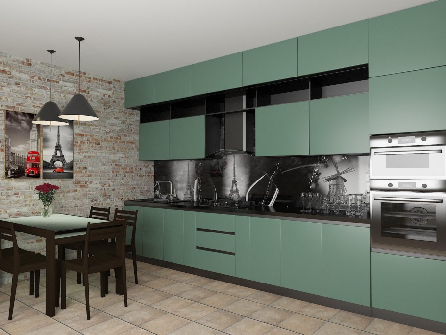 Темно зеленая кухня в интерьере