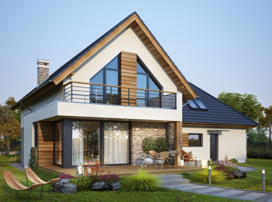 Двухэтажный дом с треугольными окнами